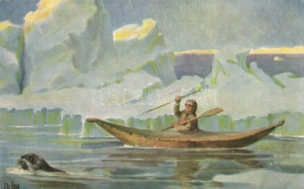 Eskimo huntig a seal in Greenland, kayak, Inuit folklore, Marine-Galerie No. 31, s: Chr. Rave
