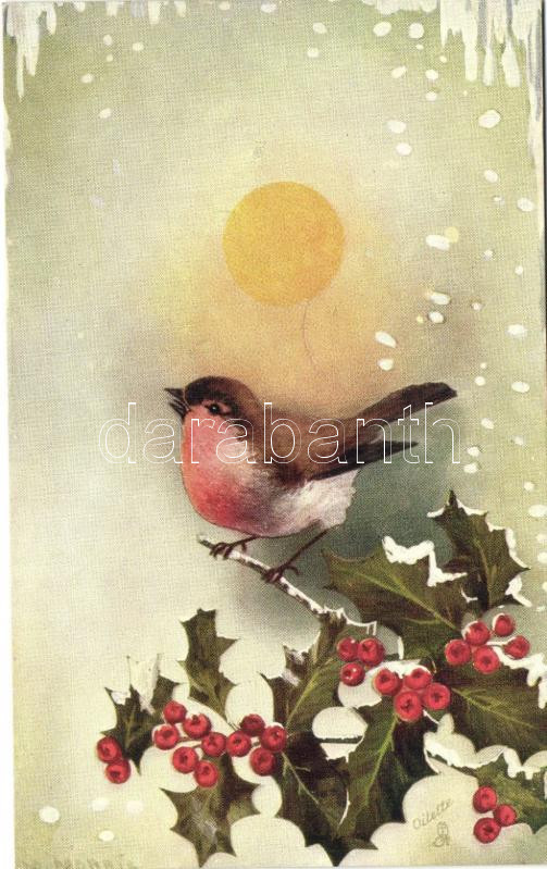 Robin sitting on a holly branch, Raphale Tuck & Sons Oilette No. 8279
