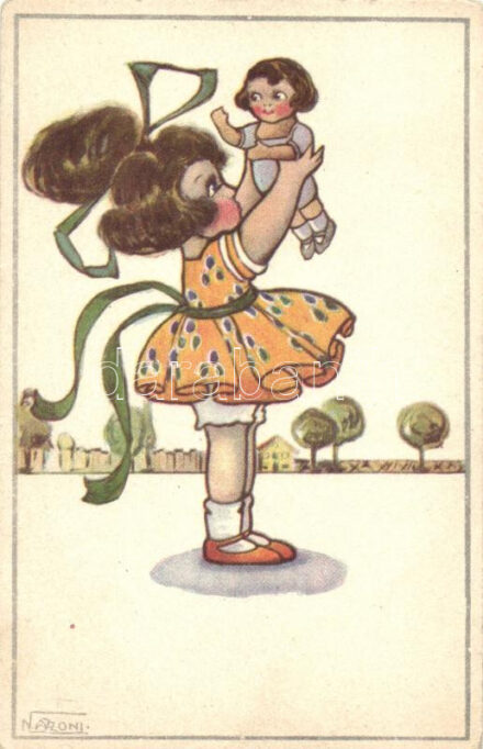 Italian art postcard, Girl with a doll, Anna & Gasparini 517-1. s: N. Azzoni (EB)