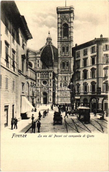 Firenze, Florence; La via de' Pecori, Campanile di Giotto / street, omnibus