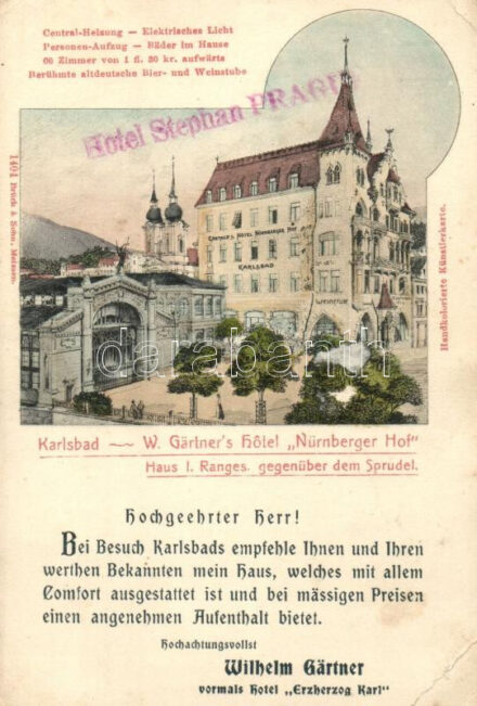 Karlovy Vary, Karlsbad; W. Gärtner's Hotel 'Nürnberger Hof' / hotel advertisement (EB)