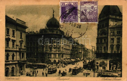 Budapest VII. Rákóczi út, villamosok, gyógyszertár, zálogos (EK)