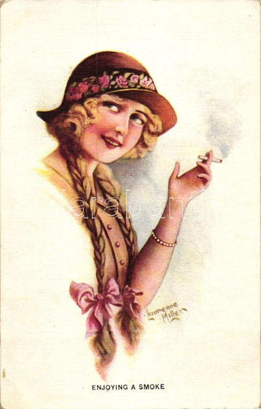 'Enjoying a smoke' / Lady with cigarette, The Carlton Publishing Co. Series No. 707/6., s: Laurence Milller
