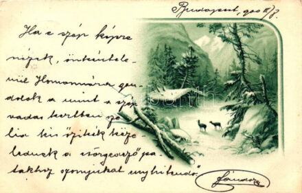 Winter forest, snow, deer, litho (EK)