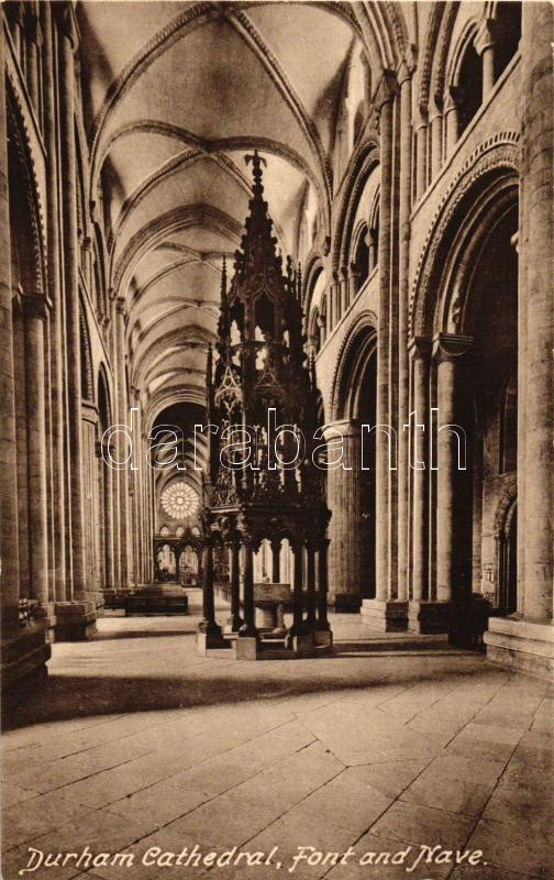 Durham, Cathedral interior, the Font and Nave