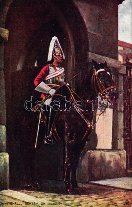 Whitehall, 'Sentry on guard' / British soldier on horse, Raphale Tuck & Sons Oilette, The Military in London Series No. 6412, artist signed