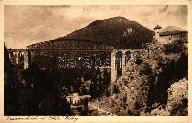 Trisannabrücke mit Schloss Wiesberg / Trisanna bridge with Wiesberg castle, published by Alpinerkunstverlag Wilhelm Stempfle