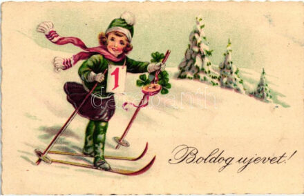 'Boldog újévet!' / skiing girl, with clovers and mushroom, litho