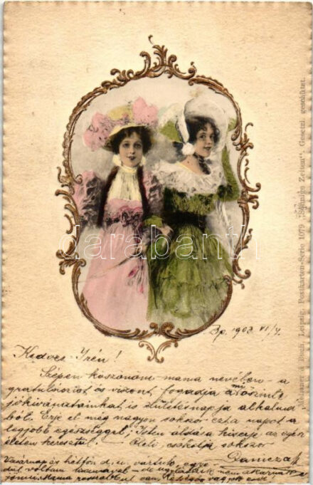 'Sonnigen Zeiten' / Ladies, Meissner & Buch Postkaren-Serie 1079., golden decoration, Emb.