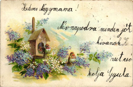1899 Robins with birdhouse, floral, litho (EK)
