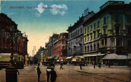 Budapest VIII. Rákóczi út, villamosok, Emke kávéház (EK)