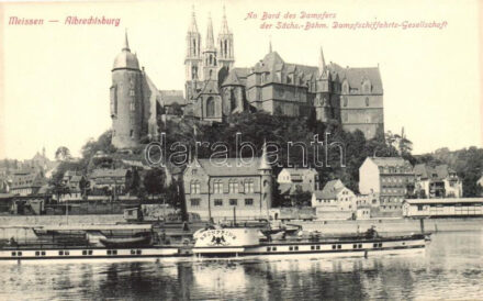 Meissen, Albertschburg, An Bord des Dampfers des Sachs.-Böhm. Dampfschiffahrts-Gesellschaft / castle, steamship 'Kronprinz', view from the board of a steamer of the Sachs.-Böhm. Steamship Company