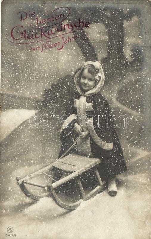 'Die besten Glückwünsche zum Neuen Jahre' / New Year, girl on sled, AL No. 3704/2. (fa)