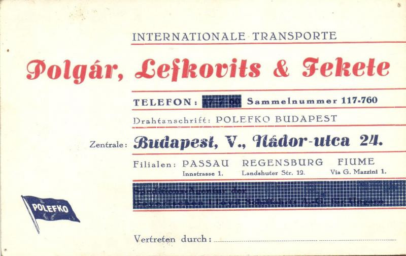 Polgár, Lefkovits & Fekete Nemzetközi szállító cég, reklámlap, hátoldalon kézzel rajzolt baseballozó kutya / Hungarian international transport company, advertisement, hand-drawn baseball dog on the backside (lyuk / pinhole)