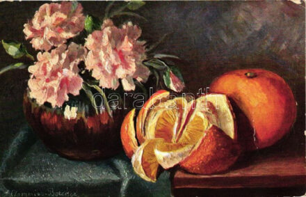 Orange and flowers, still life, Erika No. 2855, s: A. Gammius Boecker (fa)