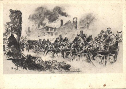 L'artillerie allemande part en avant / German artillery unit in advance, WWII soldiers, artist signed (EB)