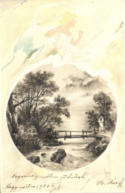 Landscape art postcard, lady, P.F.B. S. 2145. Emb. litho