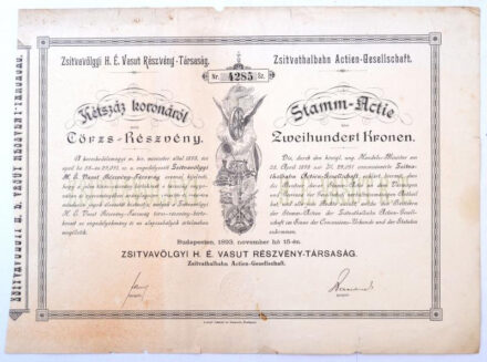 Budapest 1893. 'Zsitvavölgyi H. É. Vasut Részvény-Társaság' törzsrészvénye 200K-ról, magyar és német nyelven, szárazpecséttel és szelvényekkel T:III-,IV ragasztás