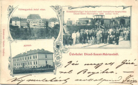1899 Dicsőszentmárton, Tarnaveni; Vármegyeház, Kórház, Kisküküllő-völgyi helyiérdekű vasút ünnepélyes megnyitása 1898-ban, Komáromi Sándor kiadása / county hall, hospital, opening ceremony of the railway, floral