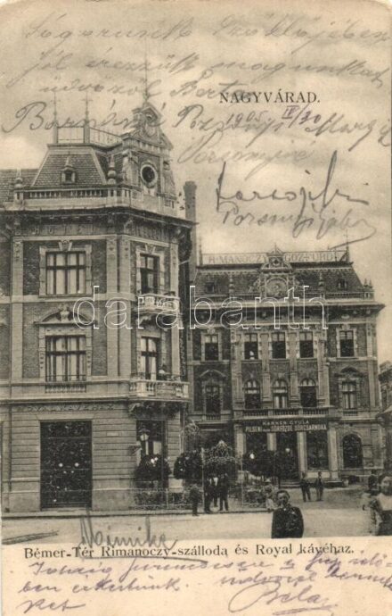Nagyvárad, Oradea; Bémer Tér, Rimanóczy szálloda és gőzfürdő, Royal kávéház, Karner Gyula sörfőzde sörcsarnoka, A. Sonnenfeld kiadása / square, hotel and spa, café, brewery (EB)