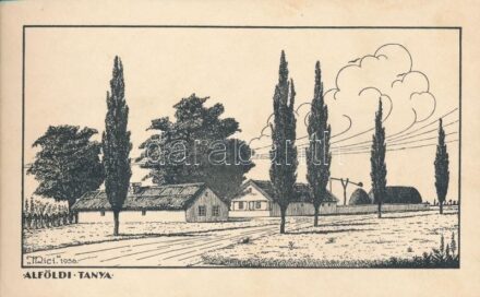 cca 1936 18 db Karikatúra, valamint egy Alföldi tanyát ábrázoló nyomtatvány, Hursan (17 db) és 1 db Mici jelzéssel, képeslap méretben, 9x15 cm.