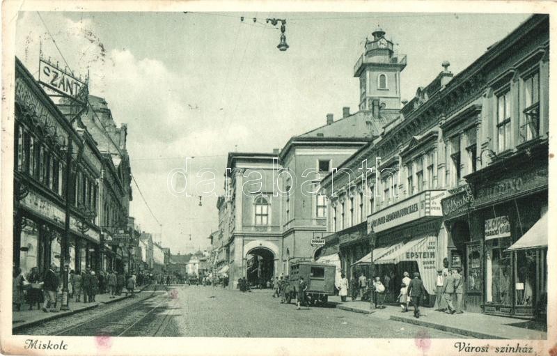 Miskolc, utcakép Városi színházzal, Szántó üzlete, autó (EK)