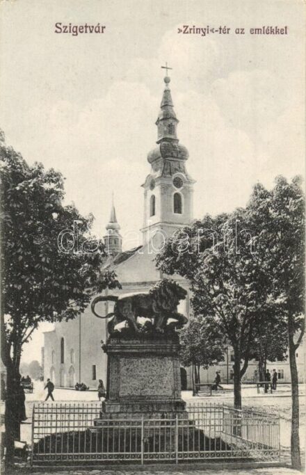 Szigetvár, Zrínyi tér az emlékkel. Kozáry Ede kiadása