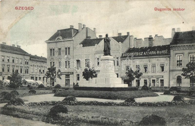 Szeged, Dugonics szobor és szálloda, Moskovitz Lajos üzlete (ázott sarok / wet corner)