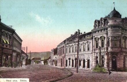 Siklós, Pécsi utca, Takarék és Hitelegylet, kávéház, Reif Miksa üzlete (EK)