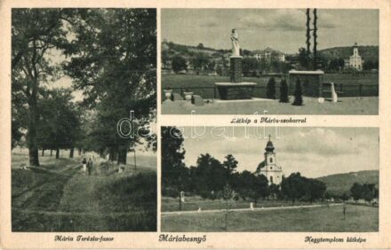 Máriabesnyő, Mária Terézia fasor, Mária szobor, kegytemplom (EK)