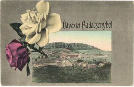 Badacsony, szénaboglyák készítése. Rózsás-virágos montázslap, Mérei Ignác kiadása