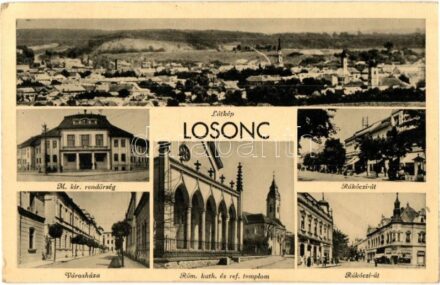 Losonc, Lucenec; Rendőrség, városháza, Rákóczi út, Római katolikus és református templomok / police station, town hall, street, churches