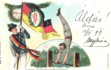1899 Willkommen Gut-Heil. Turnfest! / German Gymnastics Festival advertisement art postcard. Kunstanstalt Karl Schwidernoch No. 3422. German flag litho