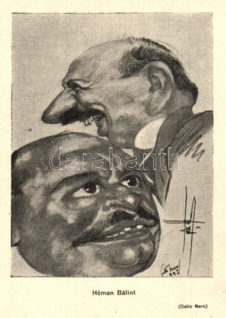 Hóman Bálint politikus, történész és vallás- és közoktatásügyi miniszter. Nemzetiszocialista-ellenes gúnyos karikatúra / Hungarian politician and Minister of Religion and Public Education. WWII anti-NS mocking caricature s: Gatto Nero