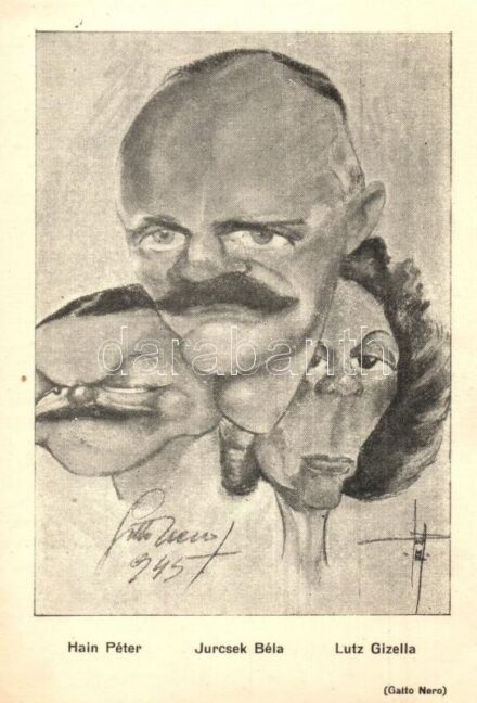 Hain Péter rendőrségi detektívfelügyelő, Jurcsek Béla nyilas politikus, Lutz Gizella (Szálasi Ferenc felesége). Nemzetiszocialista-ellenes gúnyos karikatúra / Hungarian sympathizers of the Nazis. WWII Hungarian anti-NS mocking caricature