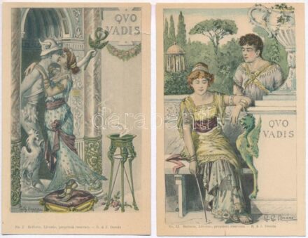 1900 Quo Vadis - 9 darabos litho képeslapsorozat G.G. Bruno rajzaival, használatlan kiváló minőségben, 1 lap szakadt. Belforte, Livorno / Quo Vadis - postcard series of 9 litho art postcards, signed by G.G. Bruno, unused in excellent