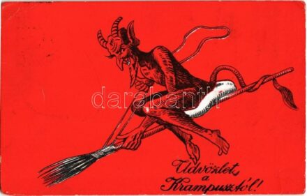 1933 Üdvözlet a Krampusztól! / Krampus greeting art postcard with Krampus flying on a broomstick (szakadás / tear)