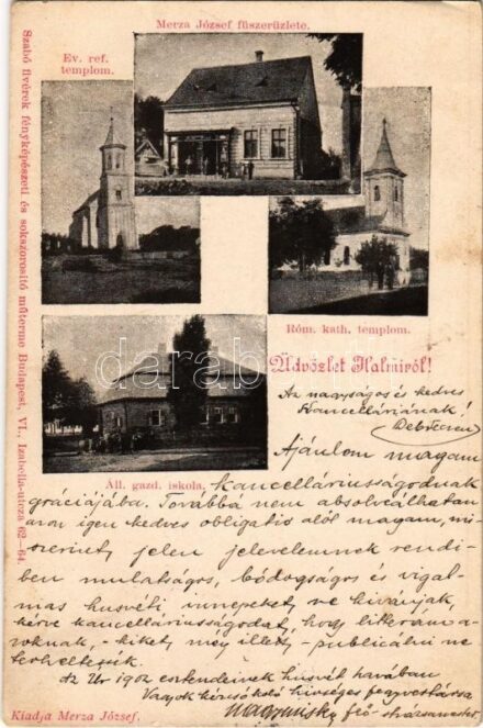 1902 Halmi, Halmeu; Református és római katolikus templom, állami gazdasági iskola, Merza József fűszerüzlete és saját kiadása / churches, school, shop