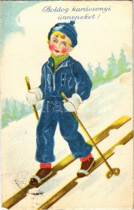 Boldog Karácsonyi Ünnepeket! / Winter Sport, Christmas greeting card with skiing boy (EK)