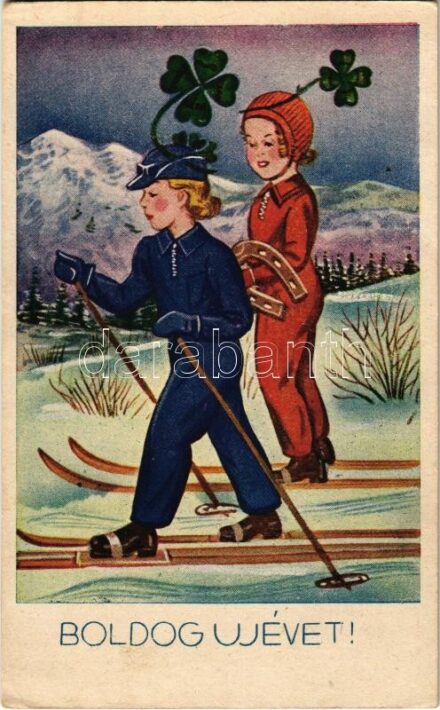 Boldog Újévet! / Winter Sport, New Year greeting card with skiing ladies, horseshoe, clovers (Rb)