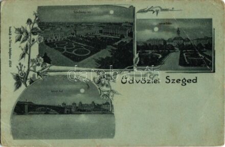 Szeged, Széchenyi tér, Közúti híd, Városháza. Kiadja Traub B. és Társa Art Nouveau, floral (EB)