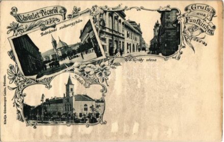 Pécs, Belvárosi székesegyház, Király utca, üzletek, Zárda. Kiadja Günsberger Lajos Art Nouveau, floral (fl)