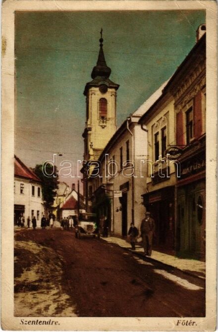 Szentendre, Fő tér, templom, Jászay cukrászda, hölgy fodrász, automobil (EB)