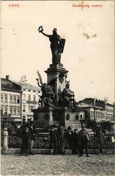 1912 Arad, Szabadság szobor, Aradi Kereskedők Köre, Wimmer Albert órás és ékszerész, Ries J. Társa és Hammer Vilmos üzlete / statue, shops, Traders Circle