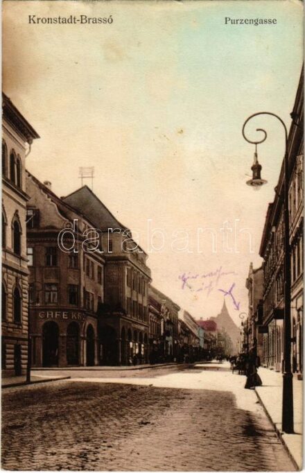 1916 Brassó, Kronstadt, Brasov; Kapu utca, Korona szálloda és kávéház. Eduard Kerschner kiadása / Purzengasse / street, hotel and cafe (ázott sarok / wet corner)