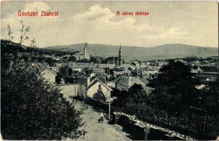 1912 Zilah, Zalau; látkép, templomok. W. L. Bp. 2331. Kiadja a 'Szövetség' könyvnyomda / general view with churches (EB)