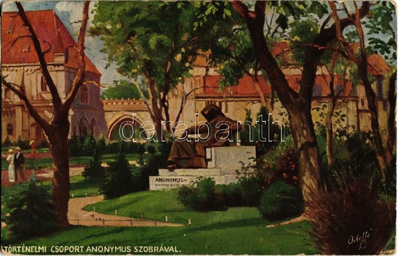 1917 Budapest XIV. Városliget, Történelmi csoport Anonymus szobrával. Raphael Tuck & Söhne 'Oilette' Mappe Budapest No. 2016. Weite-Weite-Welt Serien (EK)