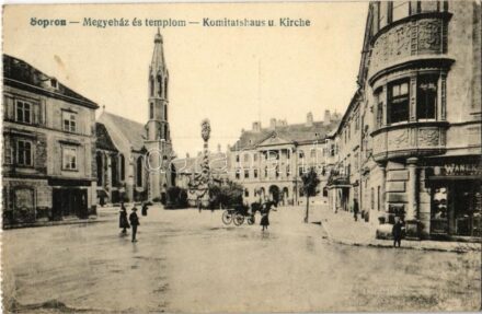 Sopron, Megyeház és templom, Szentháromság szobor, Wanek üzlete. Kiadja Blum Náthán és Fia 8599. - képeslapfüzetből