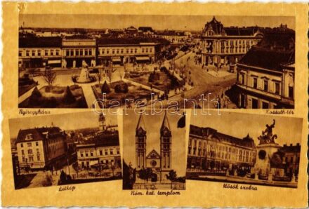 Nyíregyháza, Kossuth tér, látkép, római katolikus templom, Hősök szobra (kopott szélek / worn edges)