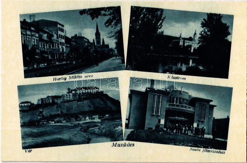 Munkács, Mukacheve, Mukacevo; Horthy Miklós utca, klastrom, vár, Scala filmszínház / street, monastery, castle, cinema